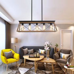 32" Walnut Industrial 5-Light Pendant Chandelier, Modern Metal Cage Design, Adjustable Hanging Light for Dining Room, Kitchen, Living Room (No Bu