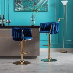 Set of 2 Bar Stools,with Chrome Footrest and Base Swivel Height Adjustable Mechanical Lifting Velvet + Golden Leg Simple Bar Stool-Navy