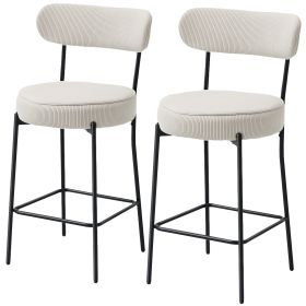 Set of 2 Barstools, Upholstered Corduroy Bar Stools with Backrest, Footrest for Kitchen Island, Dining Room, Cream White